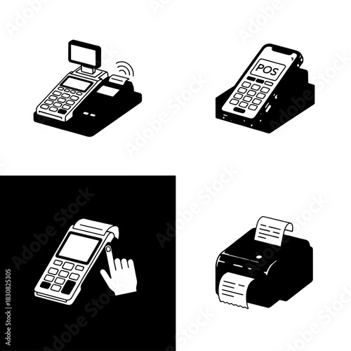 Collection of four black and white illustrations of point of sale (POS) systems and payment terminals.