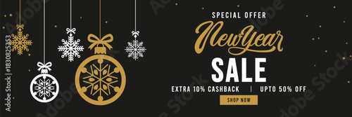 Elegant New Year sale banner with black background, gold and white typography, hanging snowflake ornaments and stars, promoting special offer holiday discount. 