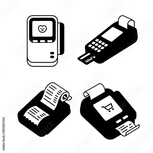 Four illustrations of payment terminals with receipts and card slot, showcasing different designs.