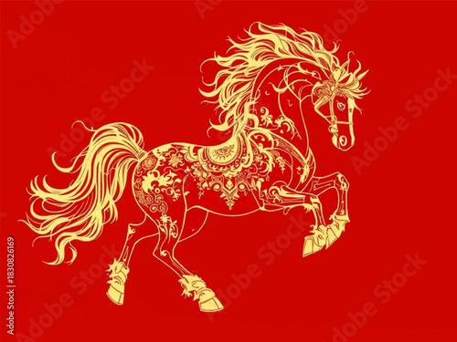 Golden floral horse illustration on bold red background. Luxury gold line art horse with elegant swirling details. Decorative golden zodiac horse in classic rich red tone