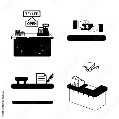 Illustrations depicting various elements associated with retail and financial transactions.