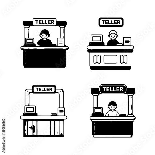 Four stylized illustrations of bank teller booths, each depicting a person.