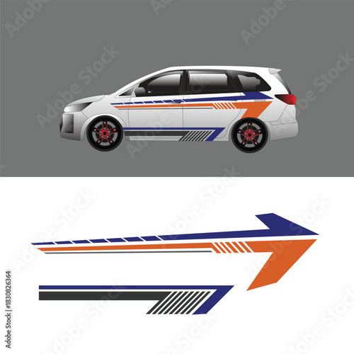 A modern car livery decal design featuring dynamic arrow shapes in blue, orange, and black
