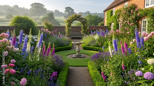 Fototapeta Naklejka Na Ścianę i Meble -  European park landscape with ancient fountain, architecture, statue, and summer flowers