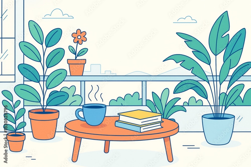 Obraz premium Cozy balcony scene with potted plants, books and coffee cup on wooden table in soft light style, peaceful outdoor relaxation background concept. Ai generative