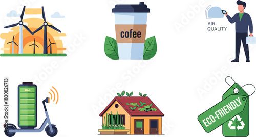 Eco-friendly concepts: wind power, coffee, air quality, scooter, house, tag