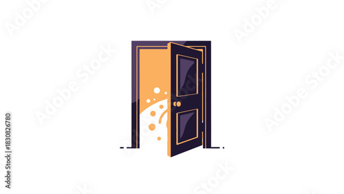 Illustration of an open door with orange light and particles spilling out into a white background.