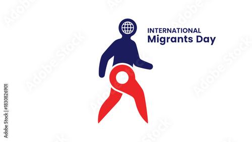 Graphic illustration of a person with a red ribbon on International Migrants Day against a white background.