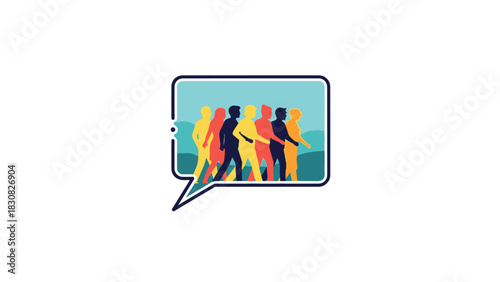Graphic illustration of diverse people silhouettes in a speech bubble with colorful, vibrant tones on a clean white background.