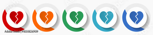 Broken heart vector icons, flat icon set for logo design, webdesign and mobile applications, colorful web button collection in eps 10