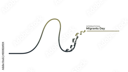 A minimalist graphic illustration of a wavy line transitioning from dark to light, symbolizing migration, with the text 'International Migrants Day' on a clean white background.