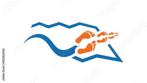 Logo featuring blue wavy lines, a star, and orange footprints on a white background.