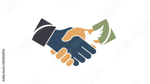 Flat illustration of two hands shaking over a green banknote on a white background.