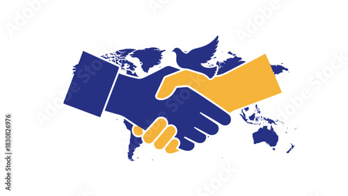 Graphic illustration of two hands shaking over a world map with blue and yellow colors on a white background.