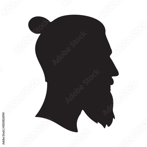 Profile silhouette of a bearded man with hair bun on white isolated background vector illustration