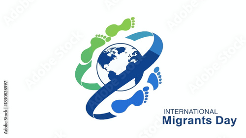 Logo for International Migrants Day featuring a stylized globe with blue and green footprints in a circular motion on a white background.