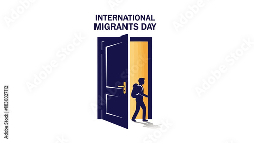 Illustration of a person stepping through an open door with the words 'International Migrants Day' above, on a white background.