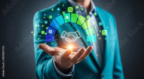 Successful partnership concept with handshake icon on hand, symbolizing trust and agreement, highlighting business growth and collaboration in modern style