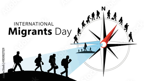 Graphic illustration of people migrating with a compass on International Migrants Day against a clean white background with informative and awareness-raising mood.
