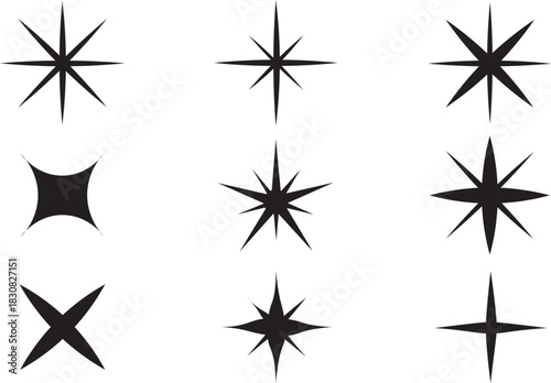 sparkle star icon set simple style vector illustration of shiny twinkle effects silhouette collection of black stars isolated on black background.  Simple black star icon with a circle in the middle a