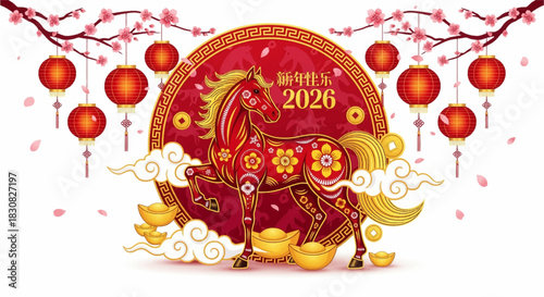 Golden 2026 horse with festive lanterns and cherry blossoms. Prosperity-themed zodiac horse design for 2026 celebrations. Elegant Chinese New Year horse art with gold ingots