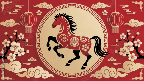 Elegant Chinese horse art with festive red decorative style. Lunar horse illustration with classic oriental floral accents. Festive zodiac horse design in traditional red ornament pattern