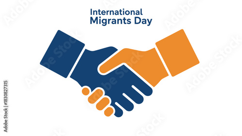 Graphic illustration of two shaking hands in blue and orange hues, celebrating International Migrants Day with a symbolic gesture of unity and cooperation.