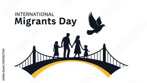 International Migrants Day graphic illustration featuring a family on a bridge with a bird in flight on a white background.