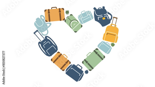 Heart-shaped arrangement of various colorful luggage and travel accessories on a white background in a flat lay composition.