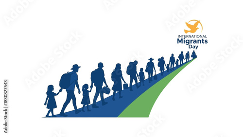 Graphic illustration of a diverse group of people walking along a curved blue and green path with a logo and text in the upper corner.