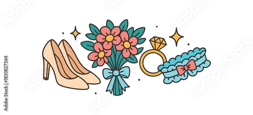 Wedding flat vector illustration collection of cute wedding icons bridal shoes bouquet ring garter sparkles arranged horizontal composition handdrawn outlines bright color palette minimal