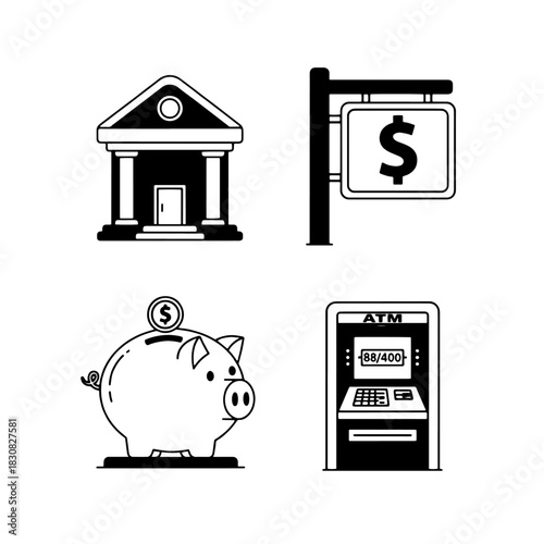 Vector piggy bank and money icons illustration set for home business web design