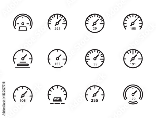 Set of dashboard speedometer icons in ultra minimalist 2D style for clean interface designs