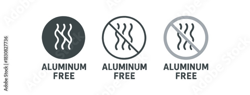 aluminum free icons three aluminum free badge icons one flat solid monochrome one thin black outline black and white one full color flat icon with cool gray ring