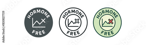 hormone free icons three hormone free badge icons one flat solid monochrome one thin black outline black and white one full color flat icon with simple line graph and cross
