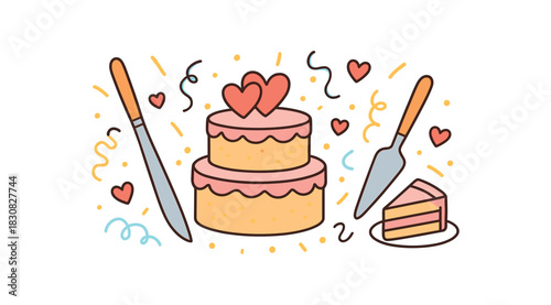 Wedding flat vector illustration collection of cute wedding icons cake cutting set: knife spatula cake slice hearts confetti arranged horizontal composition handdrawn outlines bright color