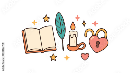 Wedding flat vector illustration collection of cute wedding icons vows: book (blank) quill pen candle heart lock stars arranged horizontal composition handdrawn outlines bright color