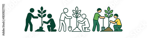community garden icons three icons of neighbors working together planting trees one flat solid monochrome one thin black outline black and white one full color flat icon rich green palette