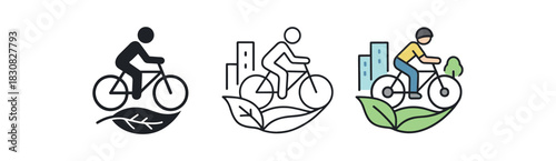 bicycle ride icons three icons of person riding bicycle on eco trail one flat solid monochrome one thin black outline black and white one full color flat icon light city tones