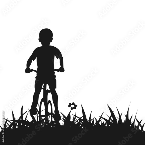 Boy on a bicycle black silhouette child riding on the grass with a flower flat vector
