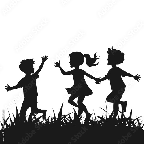 Children having fun on the street illustration flat design black silhouette of children on the grass