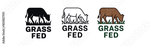 grass fed icons three grass fed cow and grass icons one flat solid monochrome one thin black outline black and white one full color flat icon green and brown