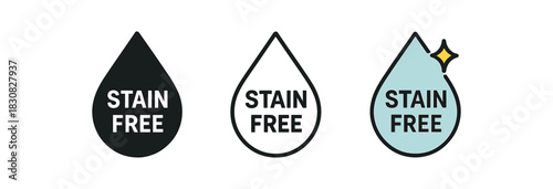 stain free icons three stain free drop icons one flat solid monochrome one thin black outline black and white one full color flat icon with tiny sparkle