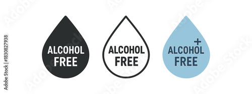 alcohol free icons three alcohol free drop icons one flat solid monochrome one thin black outline black and white one full color flat icon soft blue with tiny cross line