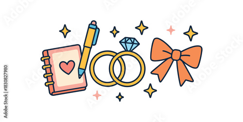 Wedding flat vector illustration collection of cute wedding icons wedding planner essentials: notebook pen rings bow stars arranged horizontal composition handdrawn outlines bright color