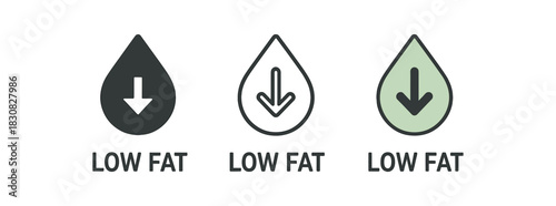 low fat icons three low fat droplet and arrow icons one flat solid monochrome one thin black outline black and white one full color flat icon with soft green accent
