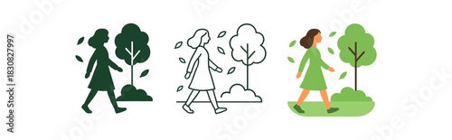 eco walk icons three icons of woman walking through park with leaves falling around one flat solid monochrome one thin black outline black and white one full color flat icon fresh green