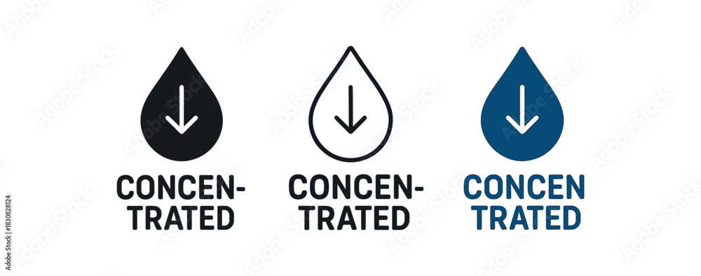 Fototapeta premium concentrated formula icons three concentrated drop and arrow icons one flat solid monochrome one thin black outline black and white one full color flat icon deep blue