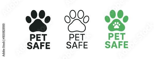 pet safe icons three pet safe paw icons one flat solid monochrome one thin black outline black and white one full color flat icon green with small paw