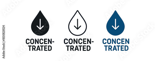 concentrated formula icons three concentrated drop and arrow icons one flat solid monochrome one thin black outline black and white one full color flat icon deep blue